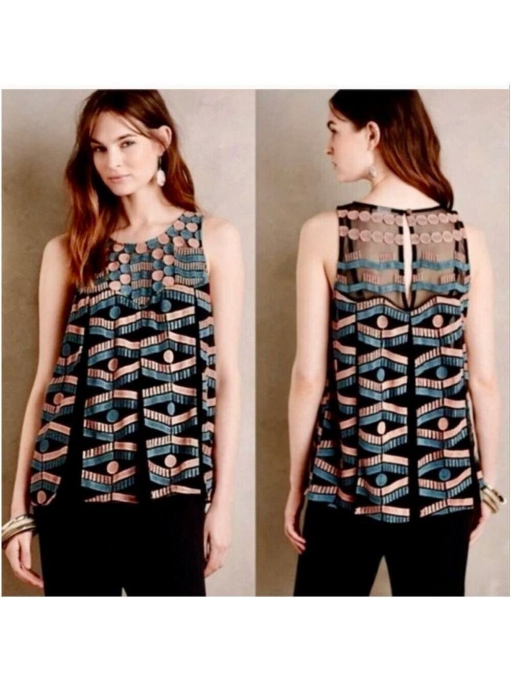 Anthropologie Akemi + Kin Kalila Embroidered Lace Inset Tank Top XS Black Peach